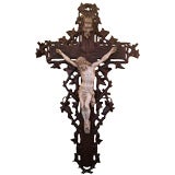 LARGE ANTIQUE FRENCH HAND CARVED WOODEN CRUCIFIX