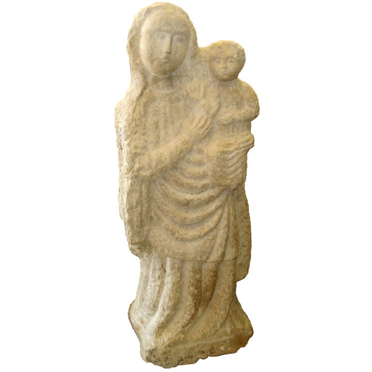19TH CENTURY ITALIAN HAND CARVED STONE STATUE OF MADONNA & CHILD For Sale
