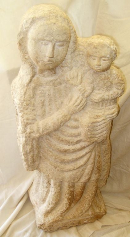19th century Italian hand carved stone statue of Madonna and child.