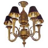 Brass Horn Chandelier & Brass Shade