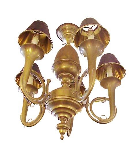 Brass Horn Chandelier & Brass Shade