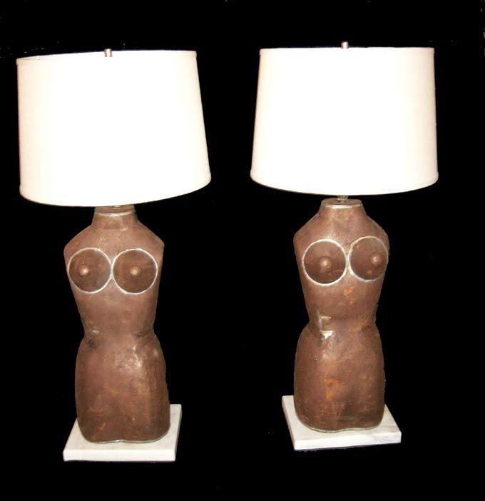 A pair of German Mannequin lamps. Made of tin sheet and soldered with silver. The base is marble. The marble base is 11