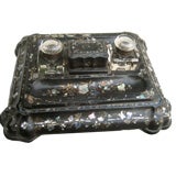 19th Century French Paper Mache Inkwell Inlaid w Mother of Pearl