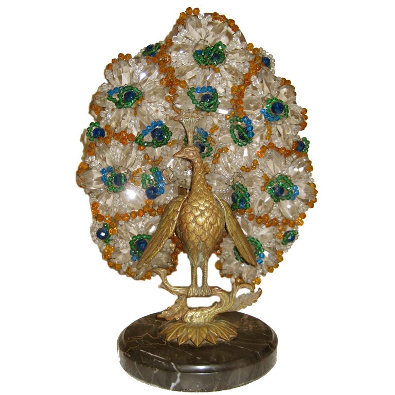 Antique French Bronze Peacock Crystal Beaded Lamp For Sale at 1stDibs