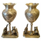 Late 19th Century Pair of Silver Plated Cat Vases