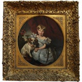 Antique Portrait of a Girl with a Dog by Philip Corbet