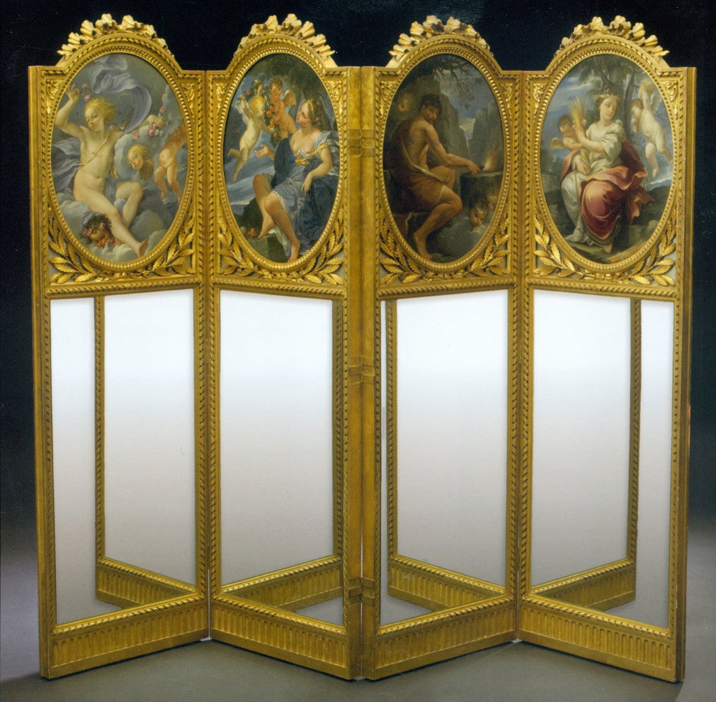 A very fine carved giltwood four-panel screen, late 19th century in Louis XVI style, incorporating four earlier oval paintings on copper, probably Bolognese, late 18th or early 19th century, representing allegorical depictions of the Four Seasons. 