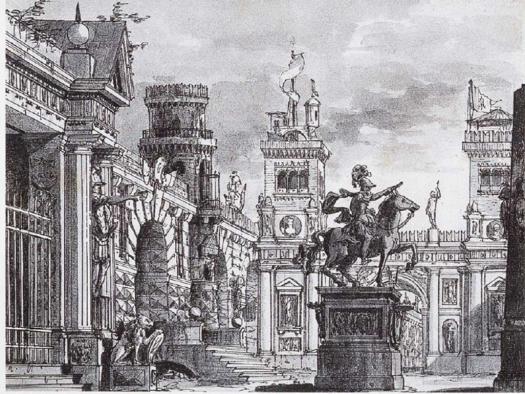 Architectural Fantasy with Equestrian Statue by Giovanni  Perego