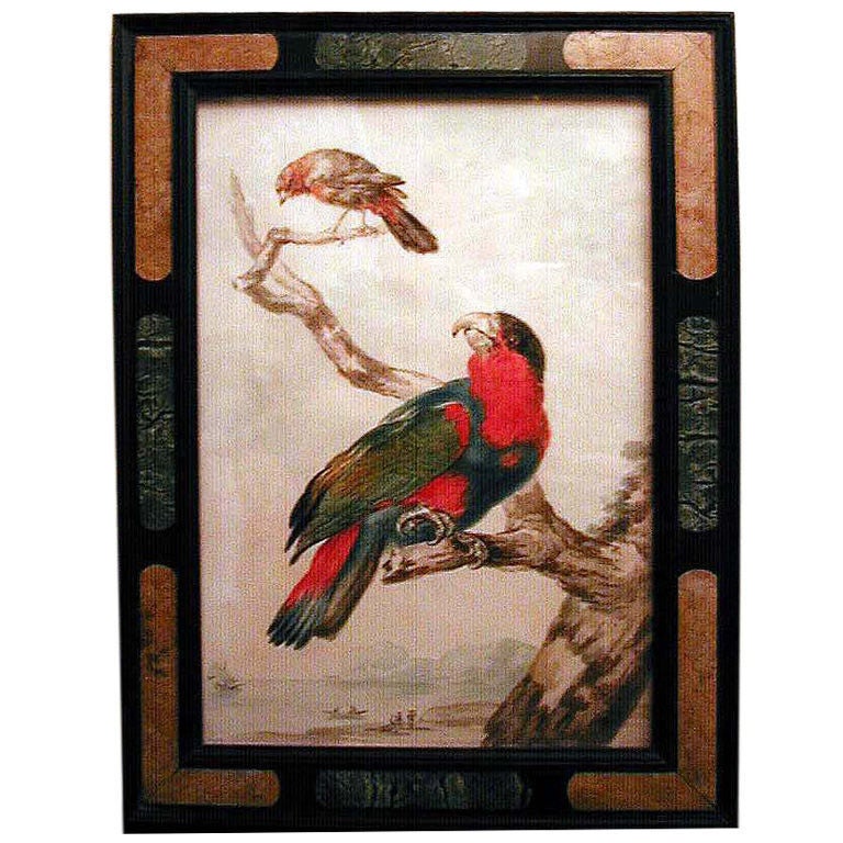 A parrot and a tyrant flycatcher on branch by  Abraham Meertens For Sale