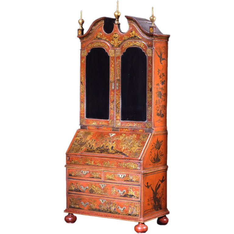 A George I Scarlet And Gilt Japanned Bureau Cabinet