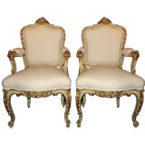 Antique 19th Century Pair of Italian Rococo Gilt  Armchairs