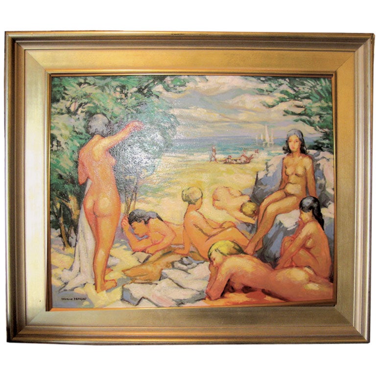 Maurice Herault "Ladies at Beach" Original Oil Painting