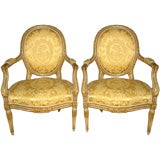 19th Century Pair of Louis XVI Style Parcel Gilt Fauteuils