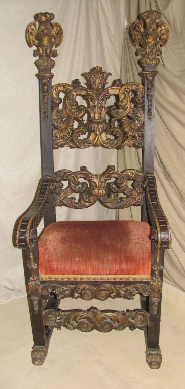 19th Century Continental Baroque Gilt Ebonized Throne Chair
