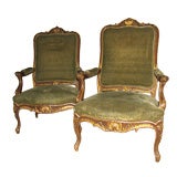 19th Century Pair Louis XV Style Parcel Gilt Walnut  Fauteuils