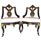 Antique Pair of English Ebonized His/Hers Inlaid Mother of Pearl Chairs