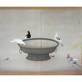 Japanese Screen: Painting of Pigeons at Bronze Water Bowl