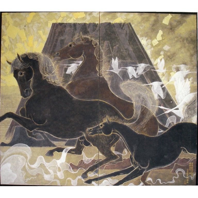 Japanese Screen: Painting of  Horses and Cranes at Mt. Fuji.