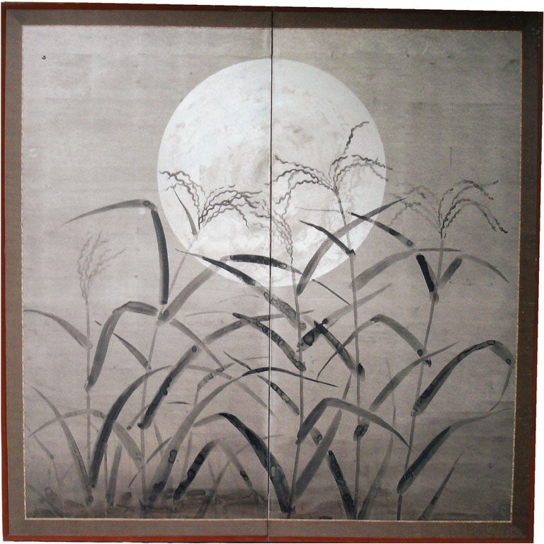 Japanese Screen:  Painting of Moon and Wild Grasses.