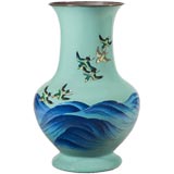 Japanese Cloisonne Enamel Vase With Birds and Waves Design.