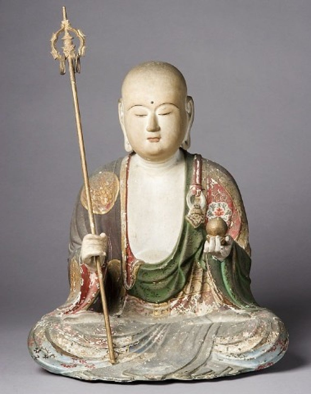Japanese  Wood and Polychrome Sculpture of a Jizo Bosatsu.