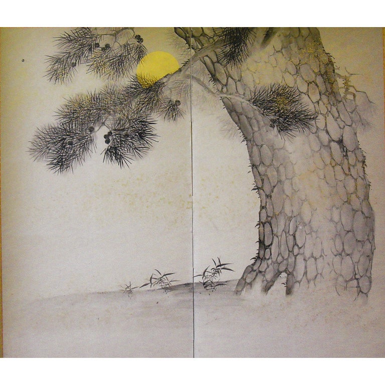 Japanese Screen: Gold Moon and Pine Tree.