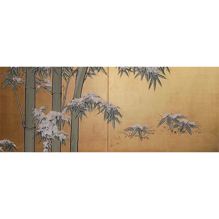 Japanese Screen: Painting of Snowy Bamboo on Gold.