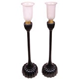Antique Pair of Large Japanese Candlesticks with Glass Globes.