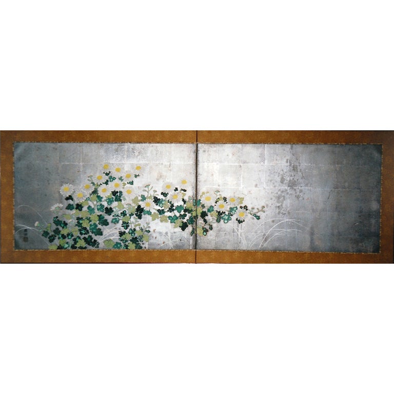 Japanese Screen: Painting of Chrysanthemums on Silver.