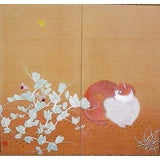 Japanese Screen: Painting of Cat and Butterfly on Silk.