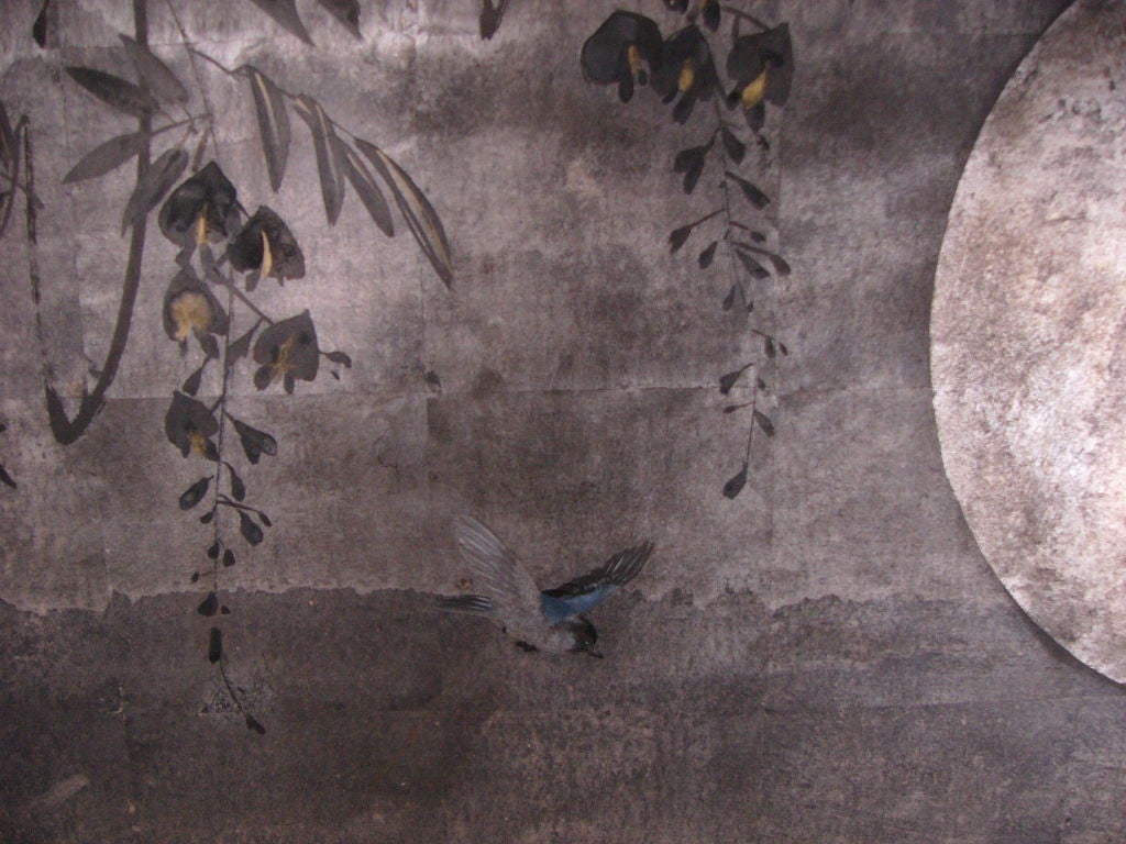 Moon and Wisteria. Shijo School, c. 1880. <br />
Two panels measure 59 ¾” high x 55 ½” wide.