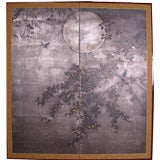 Two Panel Japanese Screen Painting: Moon and Wisteria.