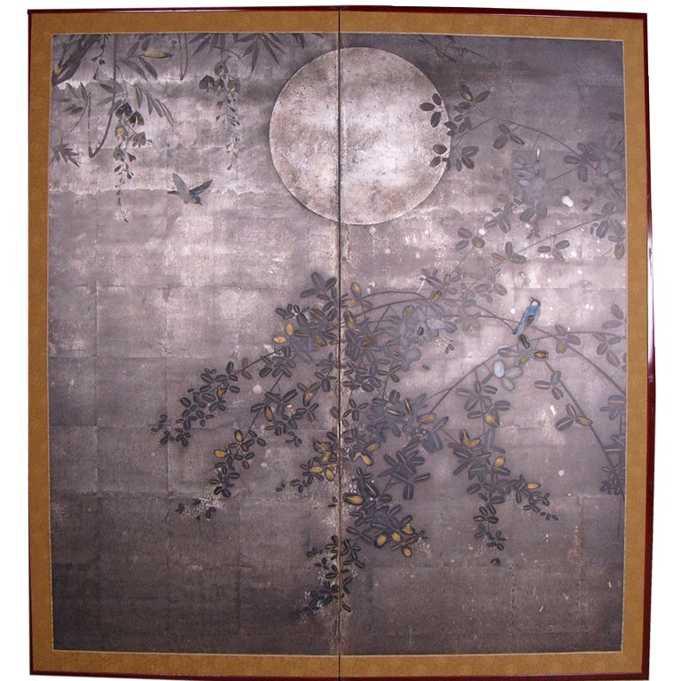 Two Panel Japanese Screen Painting: Moon and Wisteria.