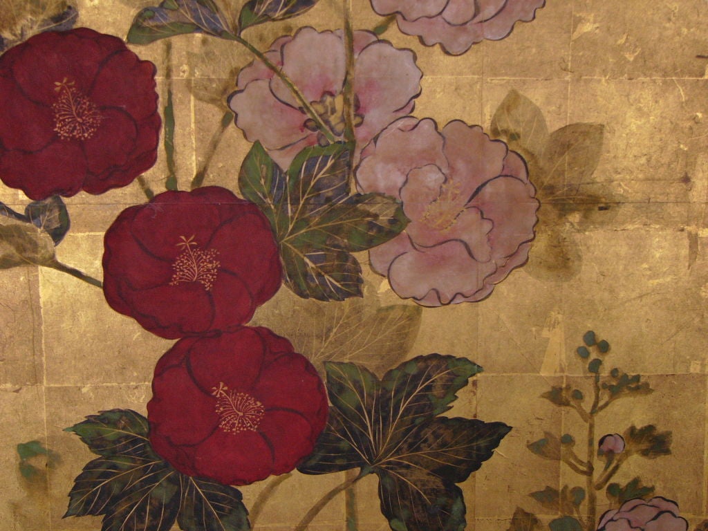 Hollyhocks on Gold.  Rimpa School, c. 1800.   Signature unreadable (possibly Korin).<br />
            Two panels measure 64 ½” high x 71” wide.