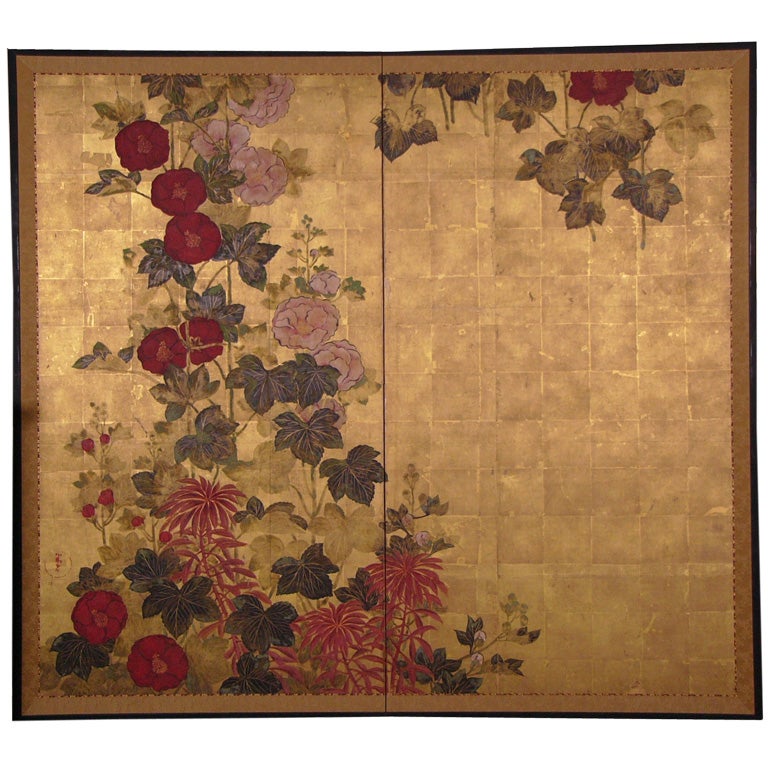 Two Panel Japanese Screen Painting: Hollyhocks on Gold.
