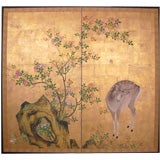 Antique Two Panel Japanese Screen: Painting, Young Buck and Rose Bush.