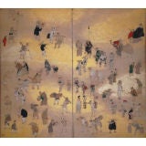 Japanese Screen: Painting of  Customs and Practices in Japan.