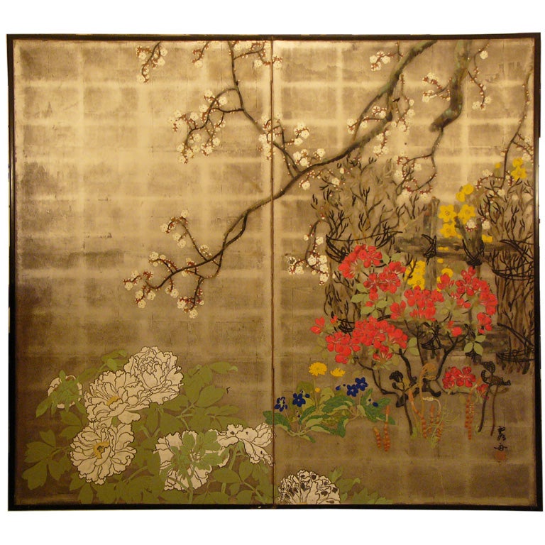 Two panel Japanese screen painting: Summer Flowers.