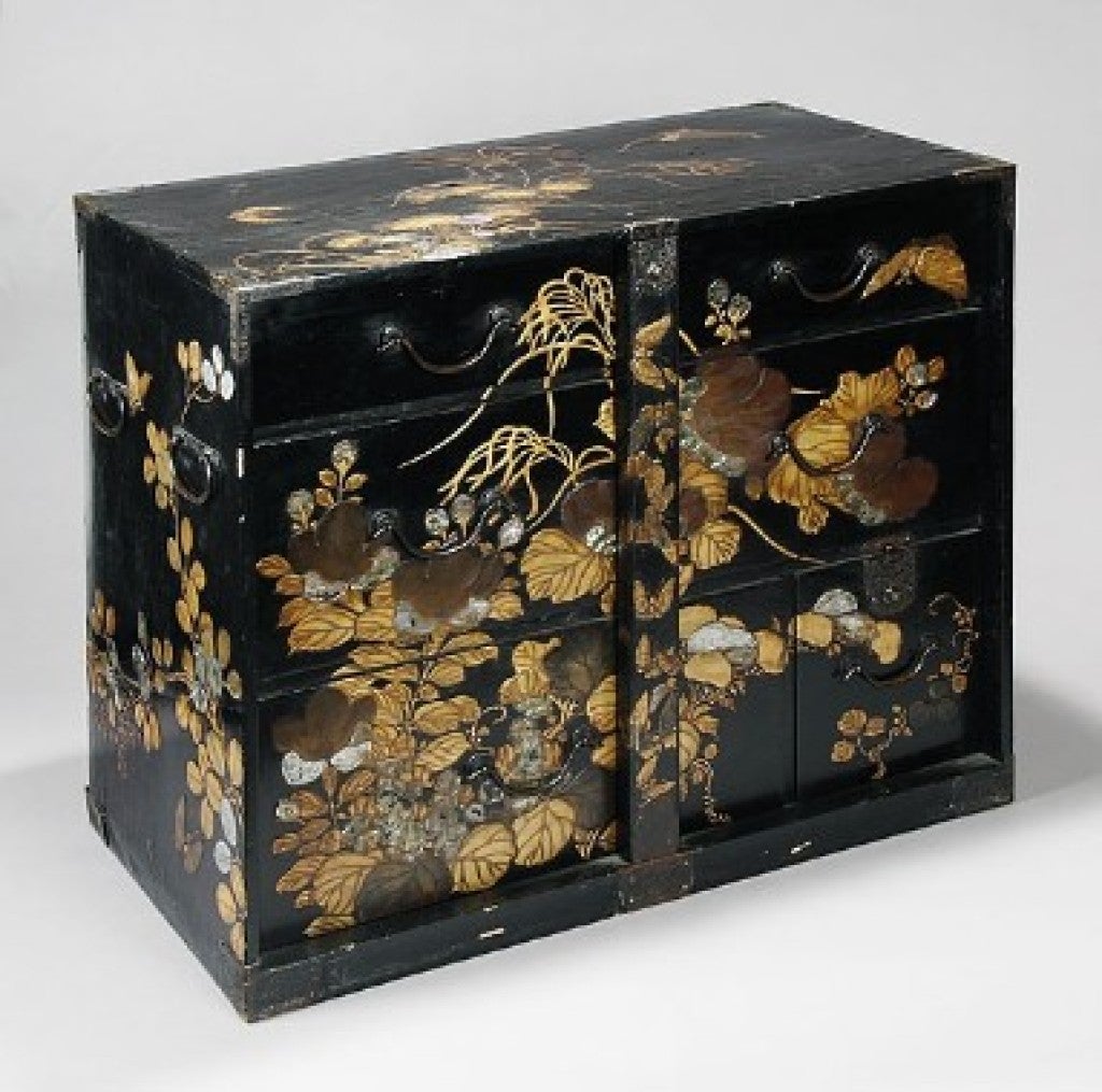 Japanese black lacquer chest with gold and pewter and mother of pearl flowering vine design. orig. copper hardware c.1920