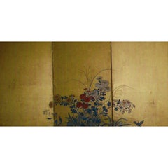 Antique Six Panel Japanese Screen: Rimpa-Style Summer Flowers on Gold