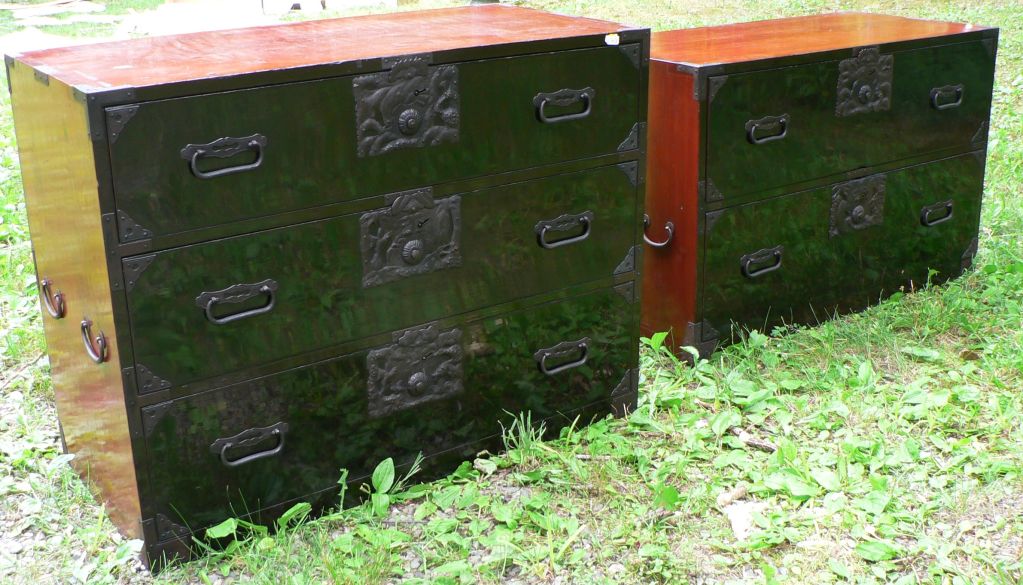 Japanese Tansu Chests with Black Lacquer fronts, c. 1880<br />
Overall measures: 34 ½” x 16” x 48 ¾” high.