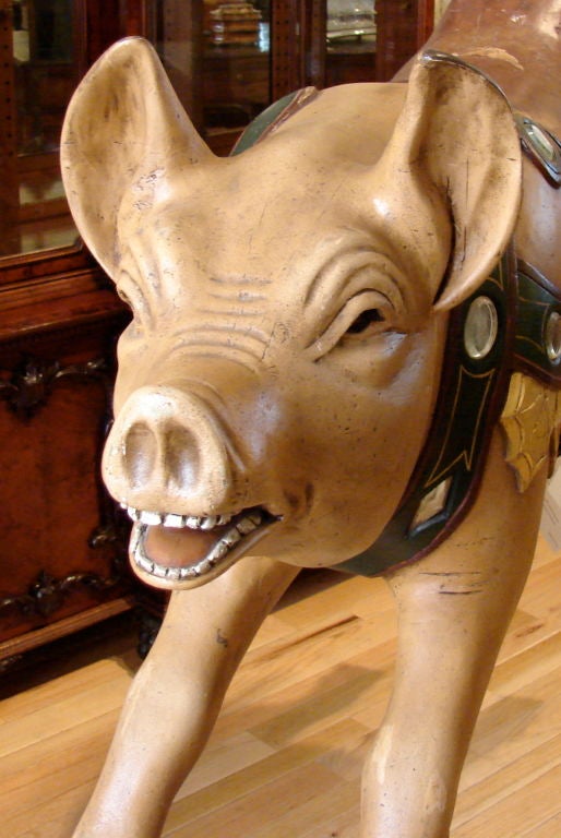 Amusing painted carved wood carousel pig