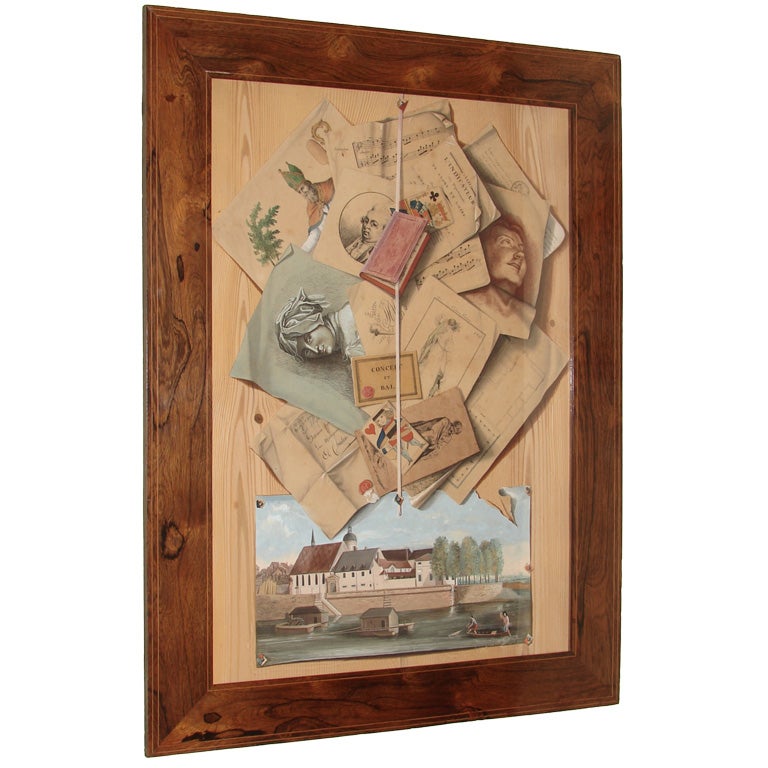 Outstanding French Trompe l'Oeil Watercolor in Rosewood Frame