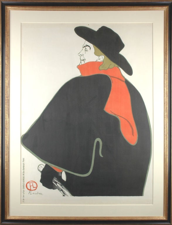 This original poster, in fabulous condition, is the iconic image of the man who symbolized Montmartre, Aristide Bruant, cabaret owner, singer and composer.  Toulouse-Lautrec’s third poster for Bruant, is the sparest and most dramatic; simply
