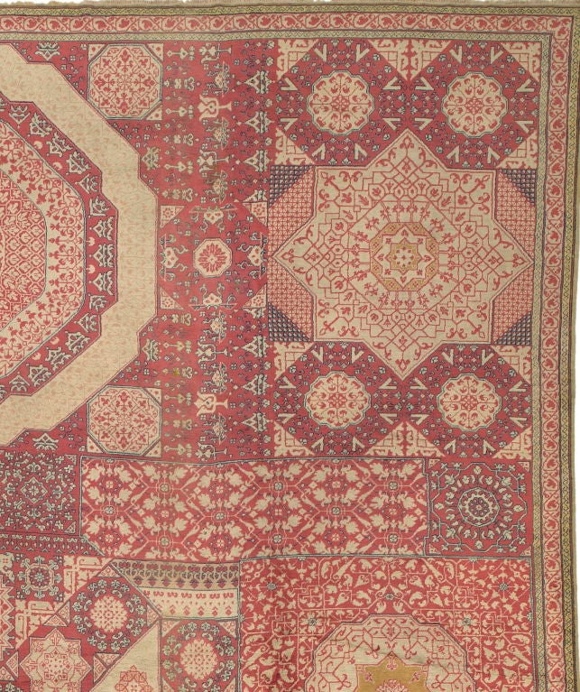 With a 15th century design taken from Egyptian Mameluk carpets, this large carpet is marvelously decorative. Image seen here is a partial view; the design is symmetrical. This oversize carpet is more finely woven than most typical Oushak carpets,