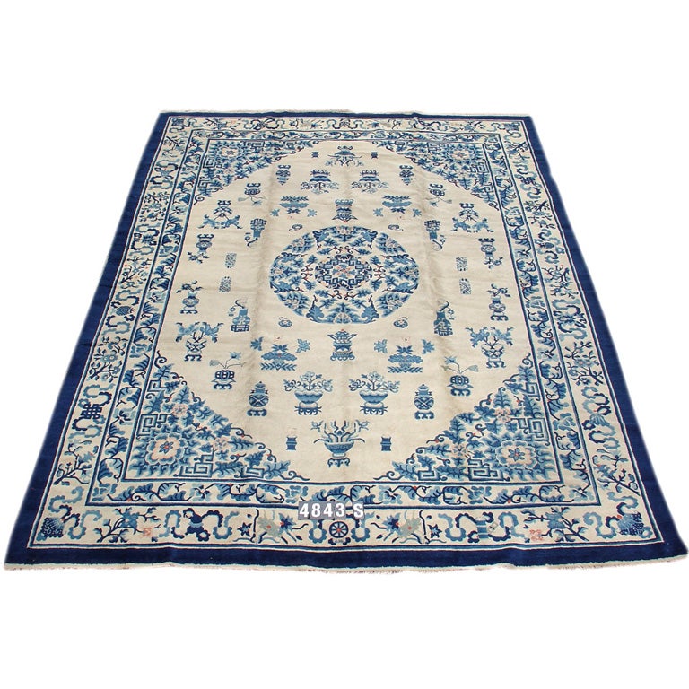 Elegant Blue Early 20th C. Peking Carpet with Classic Chinese Medallion
