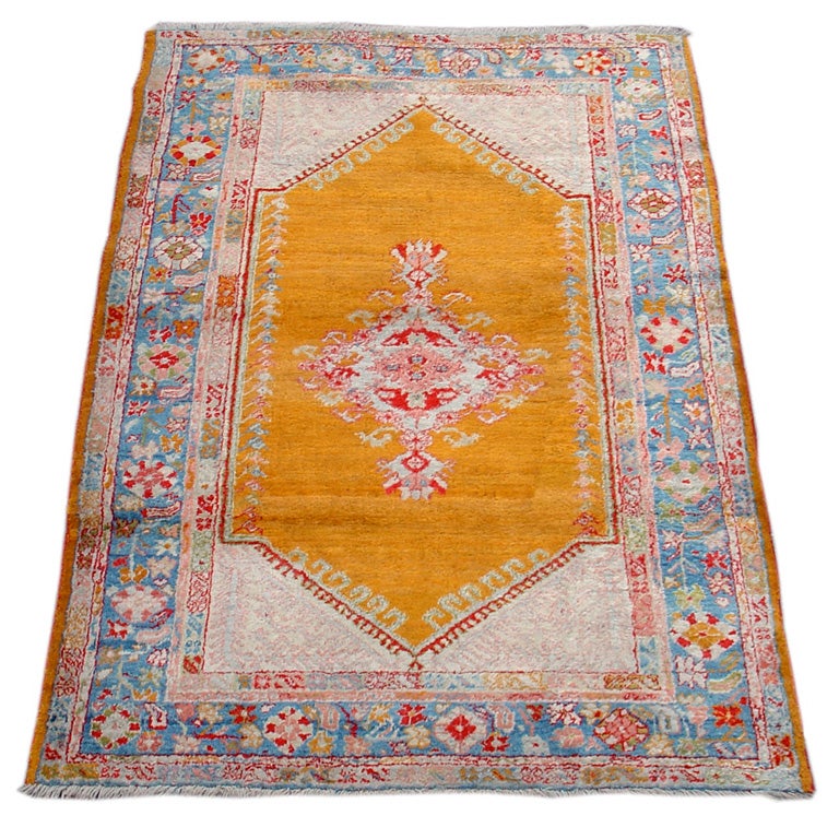 Antique Angora Oushak Rug with Saffron Yellow Field, Late 19th Century For Sale