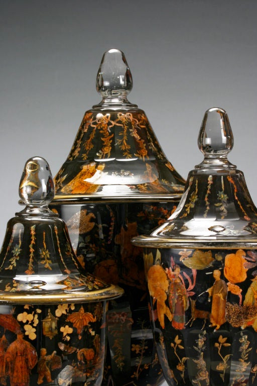 An English Garniture of 3 Decalcomania Vases With Covers. 2