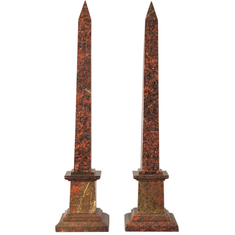 A Pair of Italian Jasper Obelisks with Egyptian Hieroglyphics