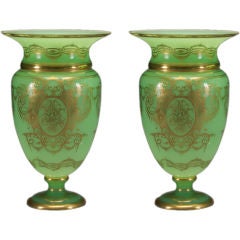 A Large Pair of Charles X Gilt Decorated Green Opaline Vases